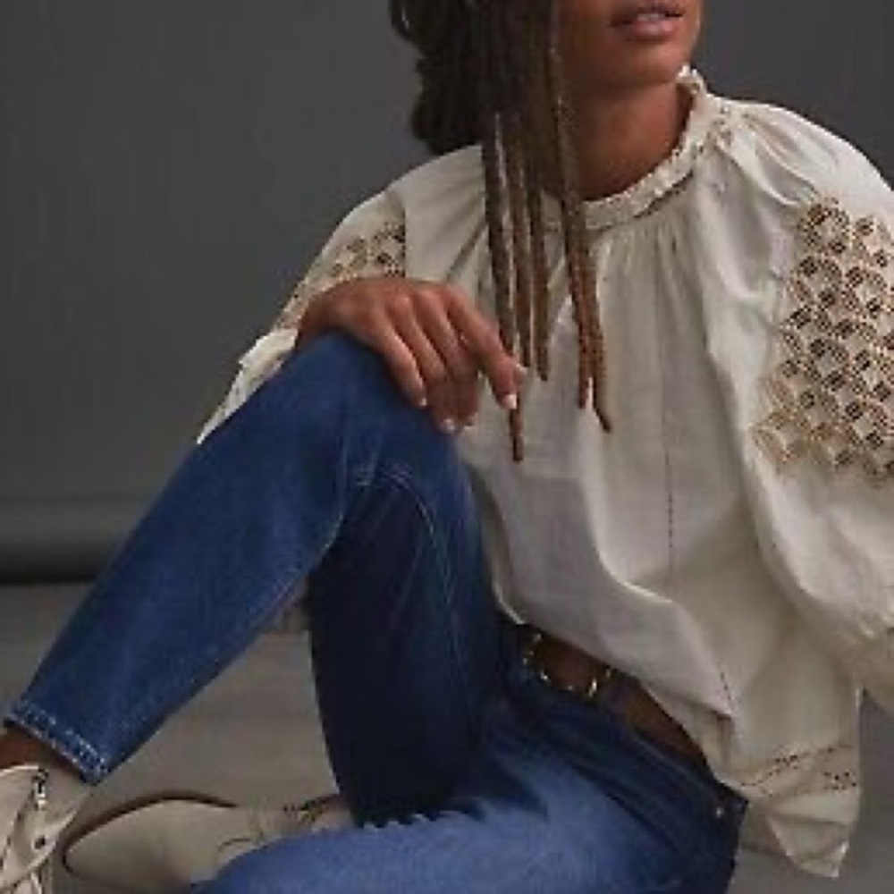 Love the Label Embroidered Ballon Sleeve Cotton Top